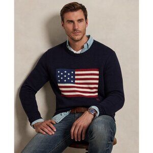 NWT Chaps Men  Iconic American Flag Sweater Navy Knit Sweater Preppy Academic XL